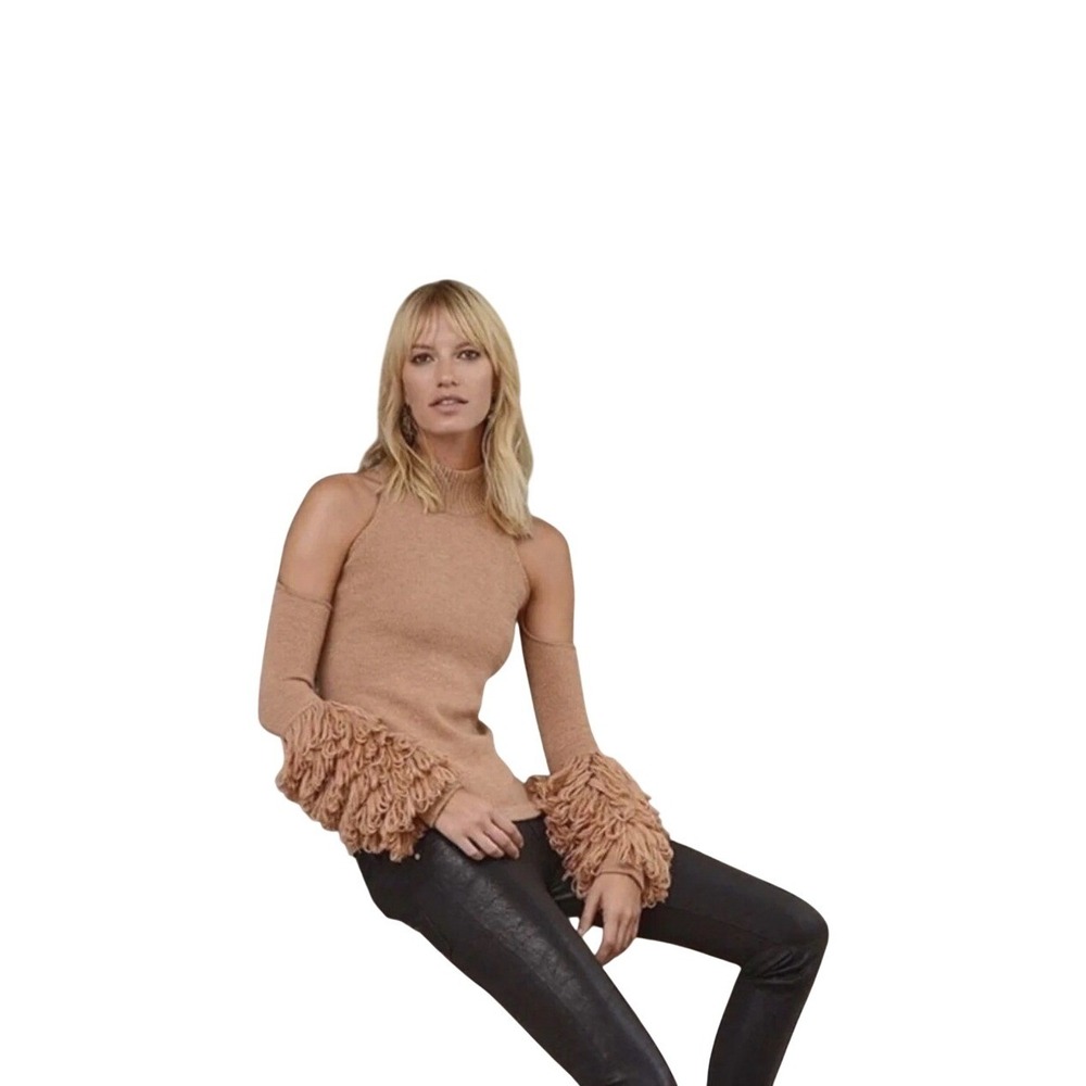 Brown net turtleneck sweater with cold shoulder and fringe cuffs‎